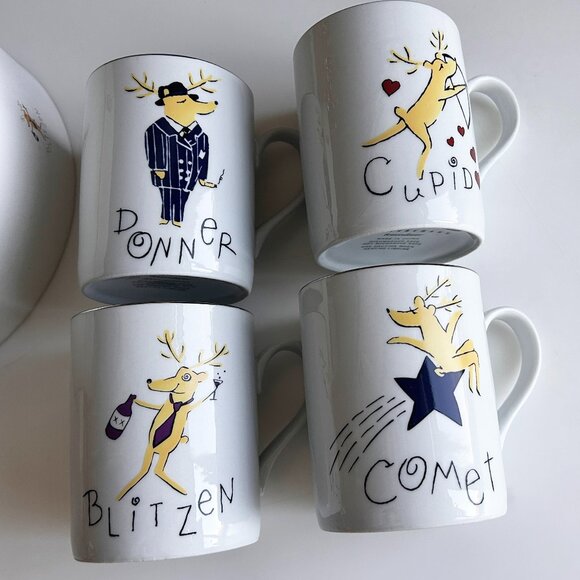 Pottery Barn Reindeer Mugs Comet Donner Blitzen Cupid Box Christmas Set Of 4 - Picture 1 of 6